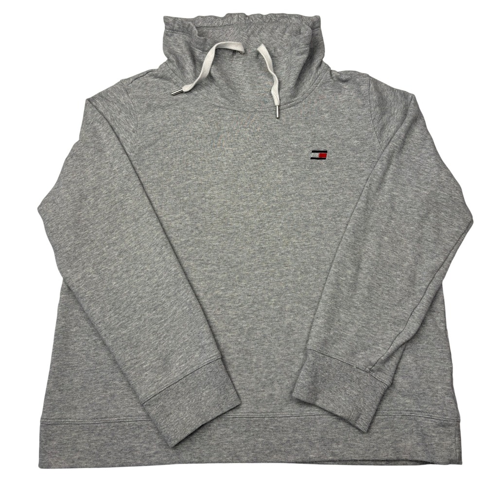 Tommy Hilfiger Sport Womens XL Funnel Neck Pullover Sweatshirt Heather Gray Logo